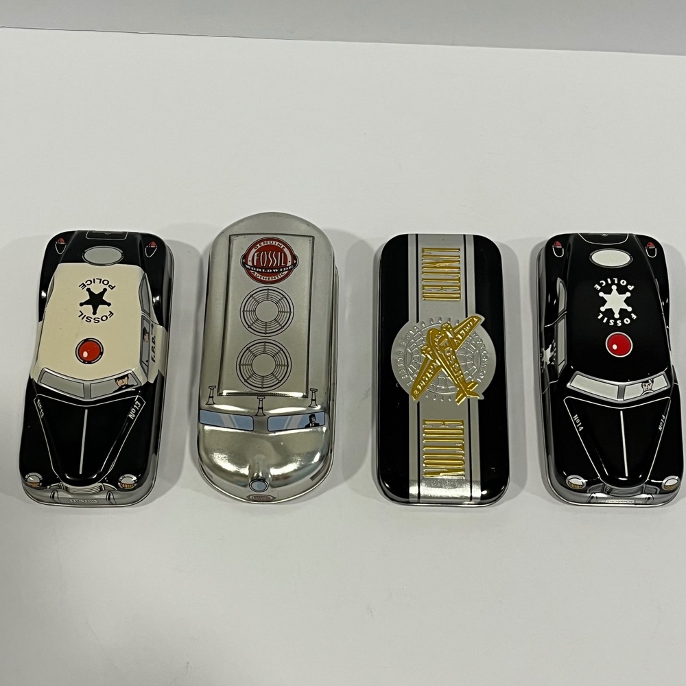 Vintage Fossil Watch Tin Lot of 4 Police Car Railway Train Airplane Limited Ed